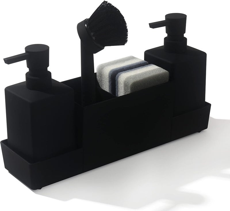 YAUKPH Kitchen Soap Dispenser with Sponge Holder Set for Sink Caddy, Hand Soap and Dish Soap Dispenser with Brush (Black) - Image 1